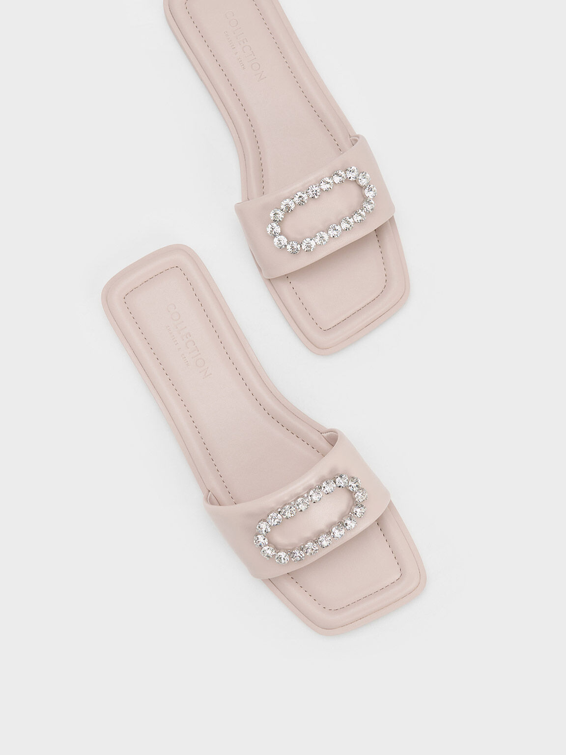 Gem-Embellished Leather Slides, Nude, hi-res