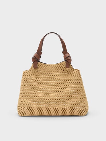 T&uacute;i tote phom h&igrave;nh thang Ida Knotted Handle Knitted, Be, hi-res
