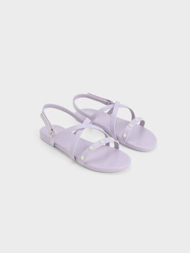 Girls' Flower-Beaded Strappy Sandals, Lilac, hi-res