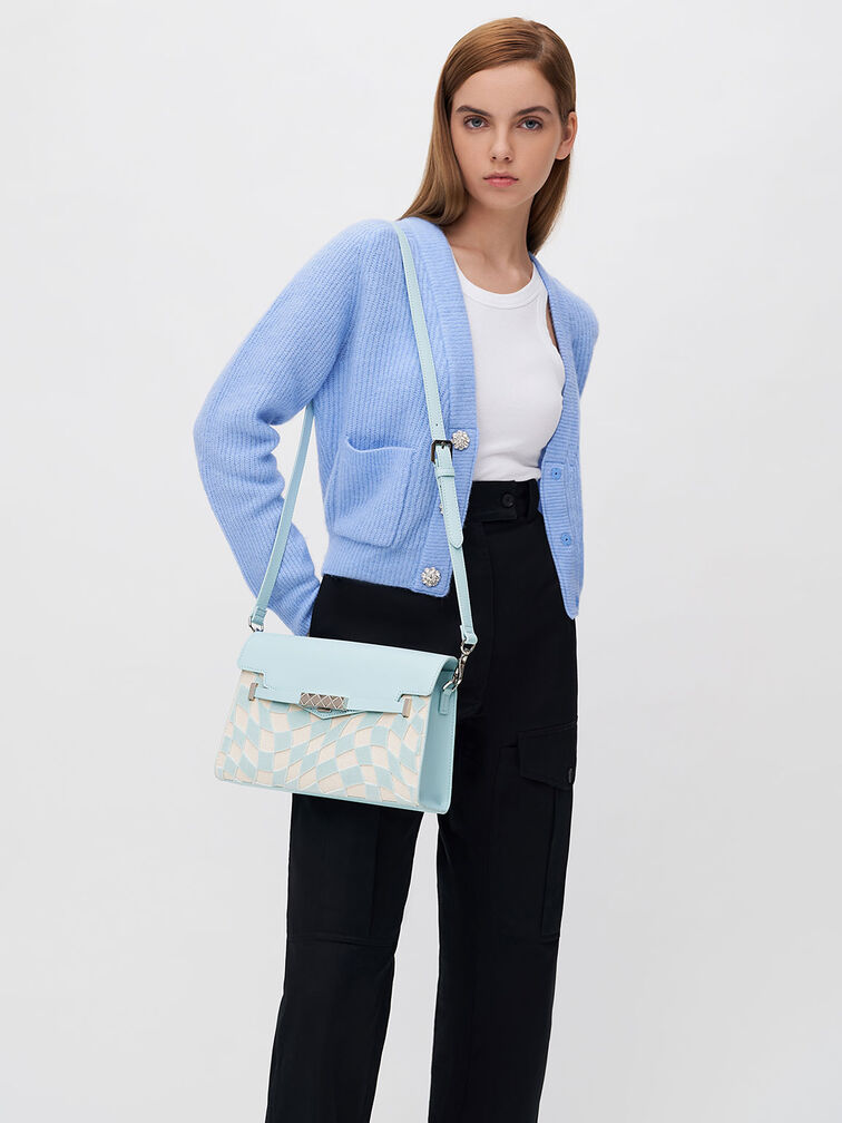 Sabrina Checkered Envelope Shoulder Bag, Light Blue, hi-res