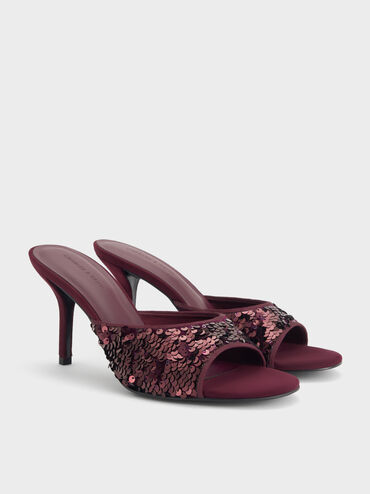 Gi&agrave;y mules cao g&oacute;t đ&iacute;nh Sequinned, Đỏ burgundy, hi-res