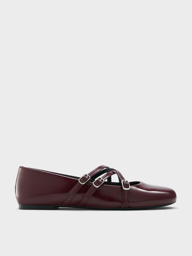 Patent Triple-Strap Crossover Mary Jane Flats, Burgundy, hi-res