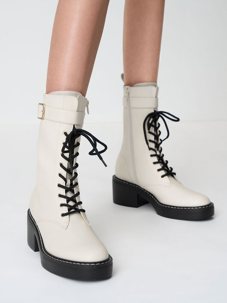 Giày boots nữ Buckled Lace-Up Platform, Phấn, hi-res