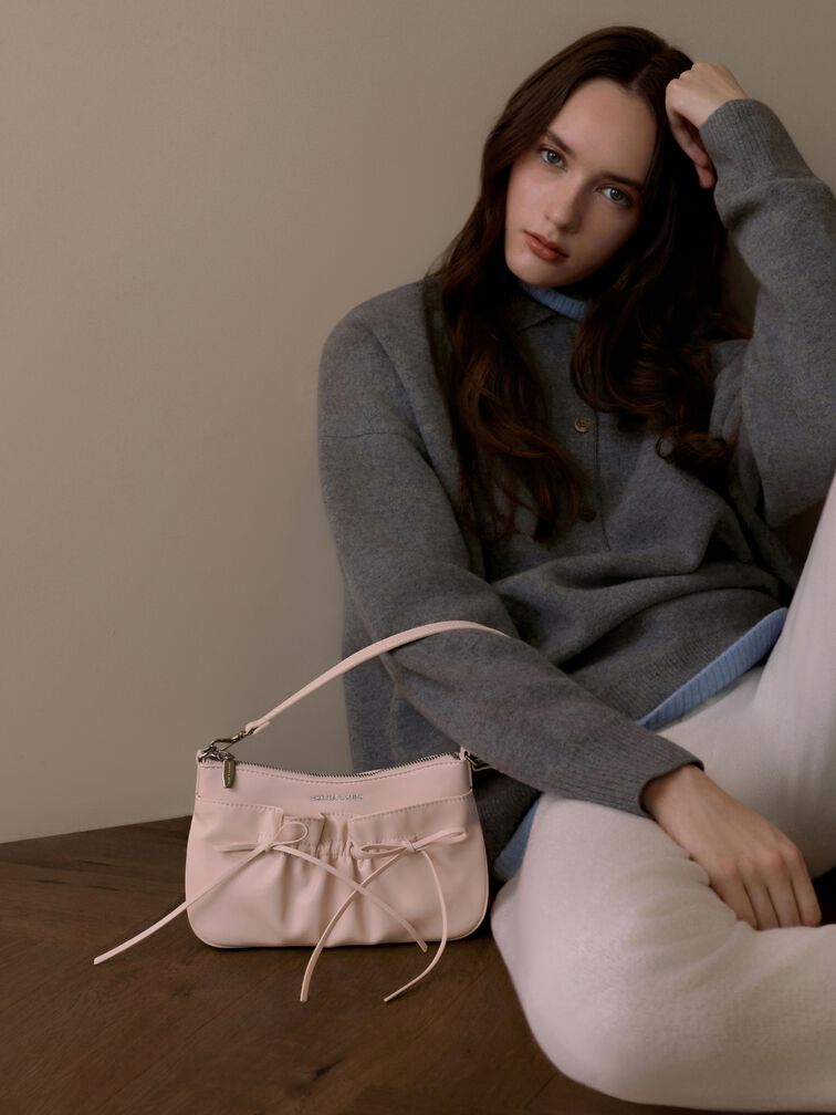 Mini Reese Ruched Bow Shoulder Bag, Cream, hi-res
