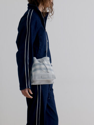 Ida Checkered Knitted Bucket Bag, Sea Salt Blue, hi-res