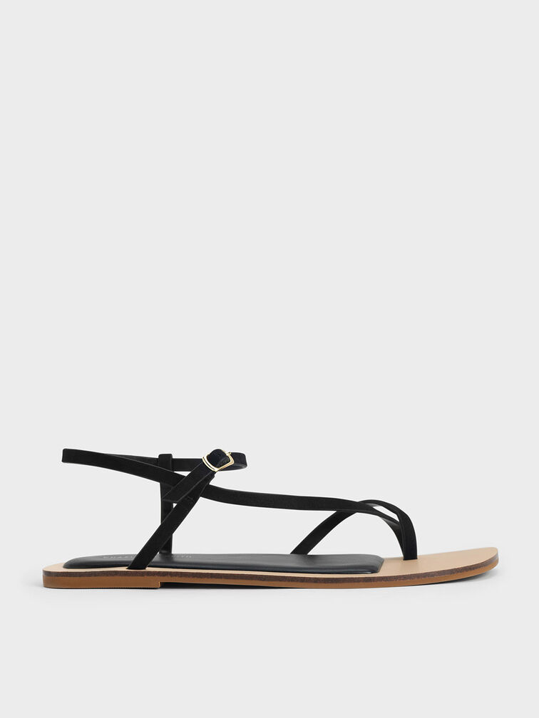 Textured Asymmetric Toe Ring Sandals, Black, hi-res