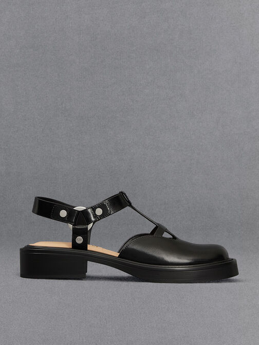 Leather Cut-Out T-Bar Mary Jane Flats, Black, hi-res
