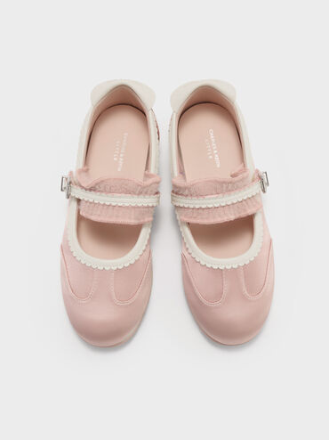 Girls' Satin Scallop-Trim Mary Jane Sneakers, Pink, hi-res