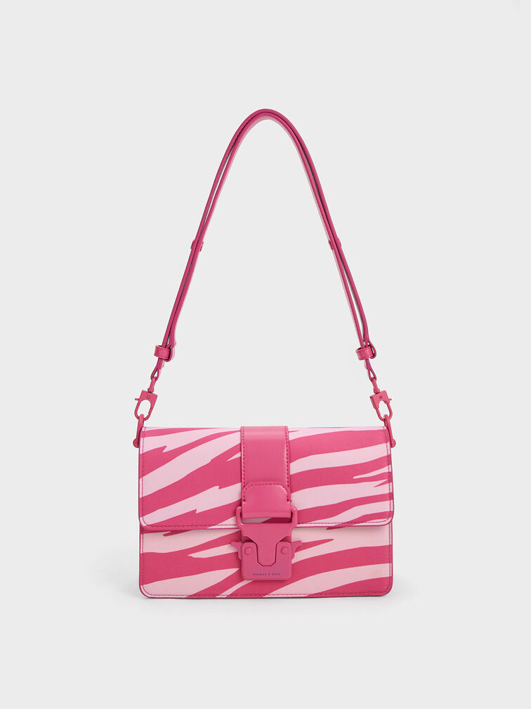 Zebra Print Push-Lock Shoulder Bag, Pink, hi-res