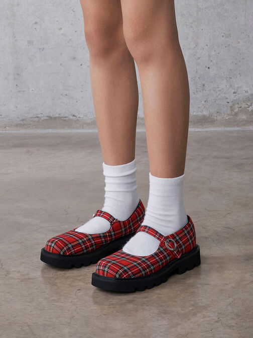 Giày búp bê bé gái Plaid Platform, Đỏ, hi-res