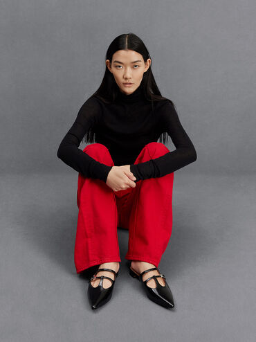 Leather T-Bar Double-Strap Mules, Black Boxed, hi-res