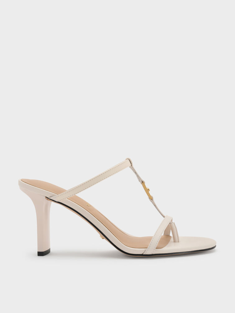 Leather T-Bar Heeled Mules, Chalk, hi-res