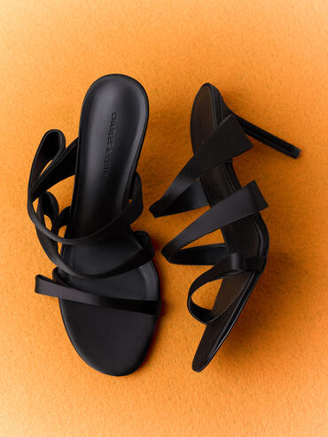 Satin Triple Pleated-Strap Stiletto Heels, Black Textured, hi-res