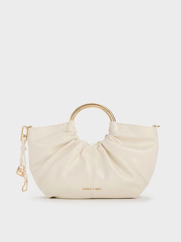 Ciara Ruched Metal Top Handle Bag, Cream, hi-res