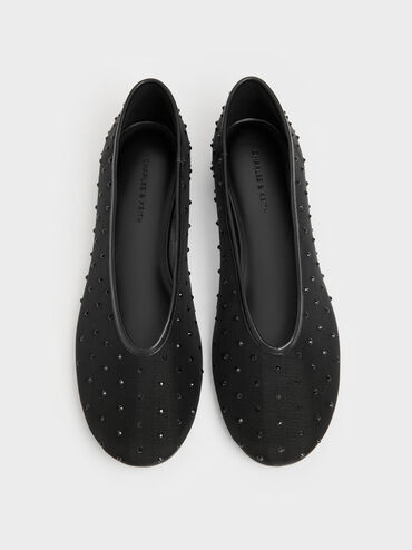Mesh Crystal Ballet Flats, Black Textured, hi-res