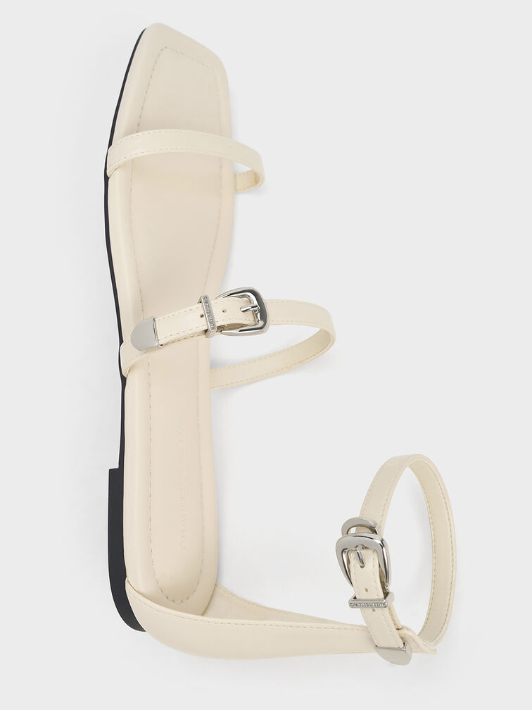 Giày sandals quai ngang Square-Toe Buckled Triple-Strap, Phấn, hi-res