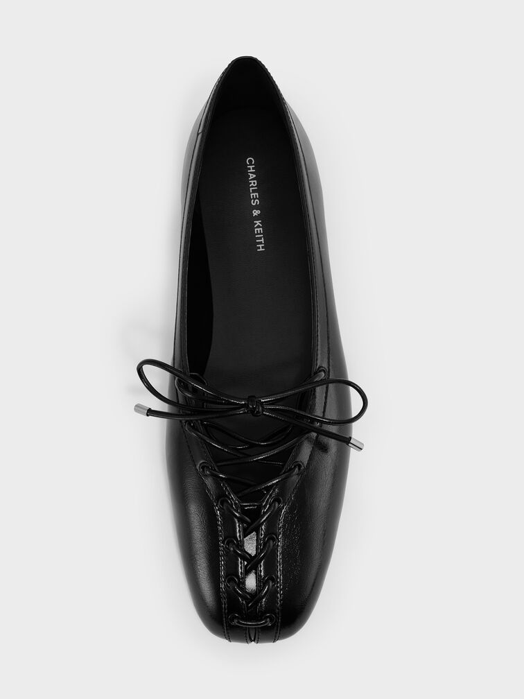 Lace-Up Bow Ballet Flats, Black, hi-res