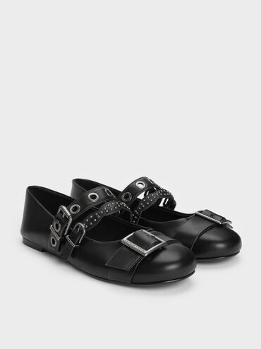 Aether Grommet Studded Mary Jane Flats, Black, hi-res