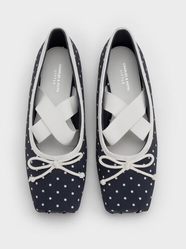 Girls' Dotted Bow Square-Toe Crossover-Strap Ballet Flats, Dark Blue, hi-res