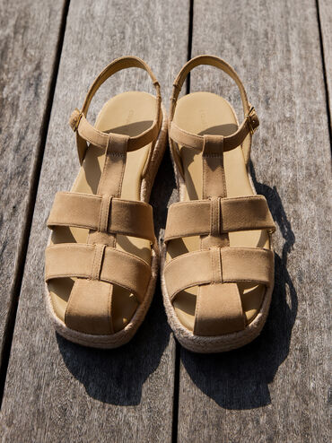 Faux Suede Caged Flatform Espadrille Sandals, Sand, hi-res