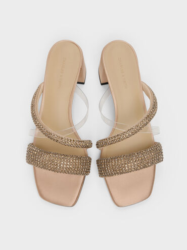 Glittered Crystal Clear-Strap Mules, Nude, hi-res