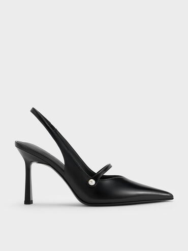 Helena Pearl-Buckle Pointed-Toe Slingback Pumps, Black Boxed, hi-res