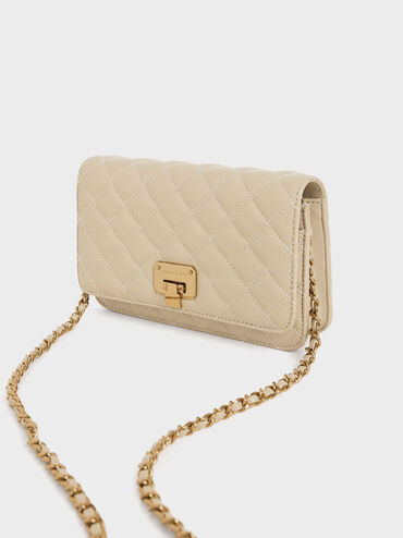 Quilted Flip-lock Clutch, Taupe, hi-res