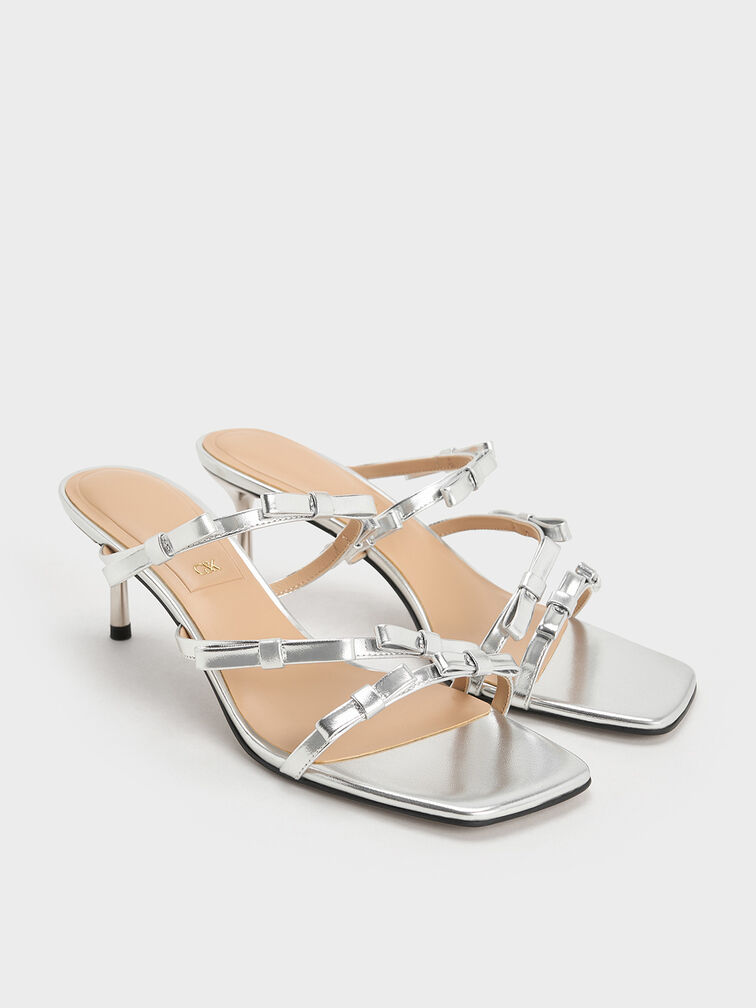 Gi&agrave;y mules cao g&oacute;t Jessy Metallic Leather Bow, Bạc, hi-res