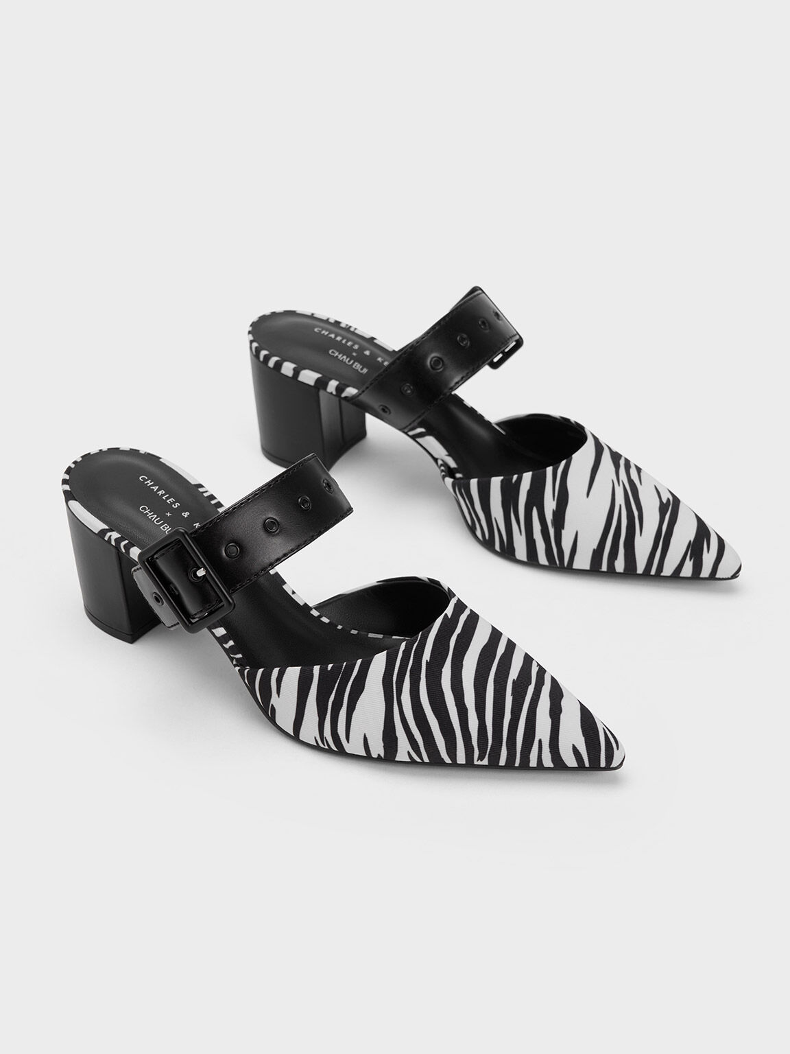 Giày mules cao gót Zebra Print Belted, Họa tiết ngựa vằn đen, hi-res