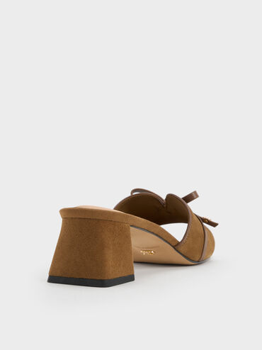Leather & Suede Bow Heeled Mules, Brown, hi-res