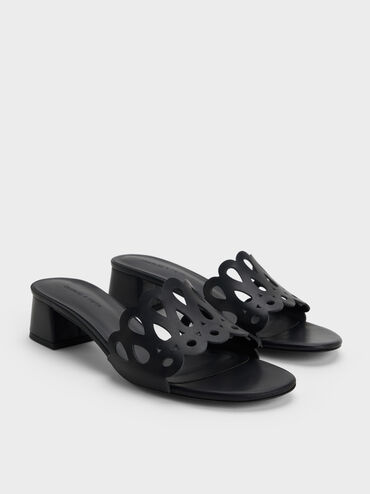 Cut-Out Block-Heel Mules, Black, hi-res