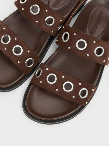 Faux Suede Grommet Slingback Sandals, Dark Brown Textured, hi-res