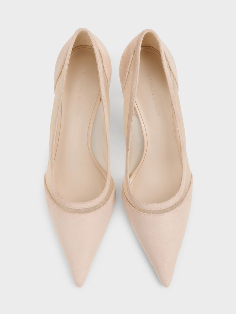 Faux Suede & Mesh Pointed Pumps, Beige, hi-res