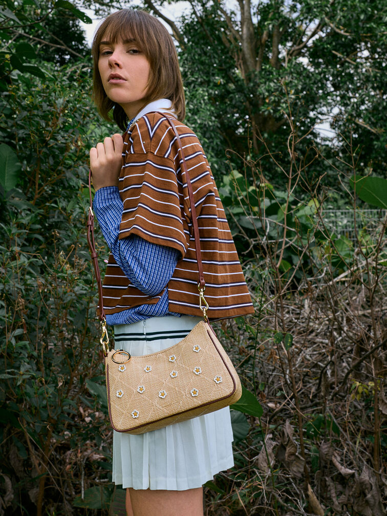 T&uacute;i đeo vai h&igrave;nh thang Philomena Raffia Flower, Be, hi-res