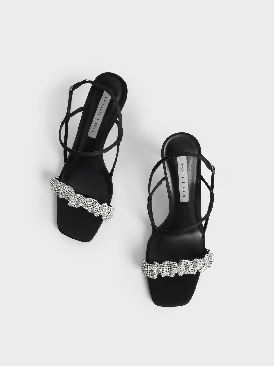 Giày sandals cao gót Gem-Embellished Satin, Đen, hi-res