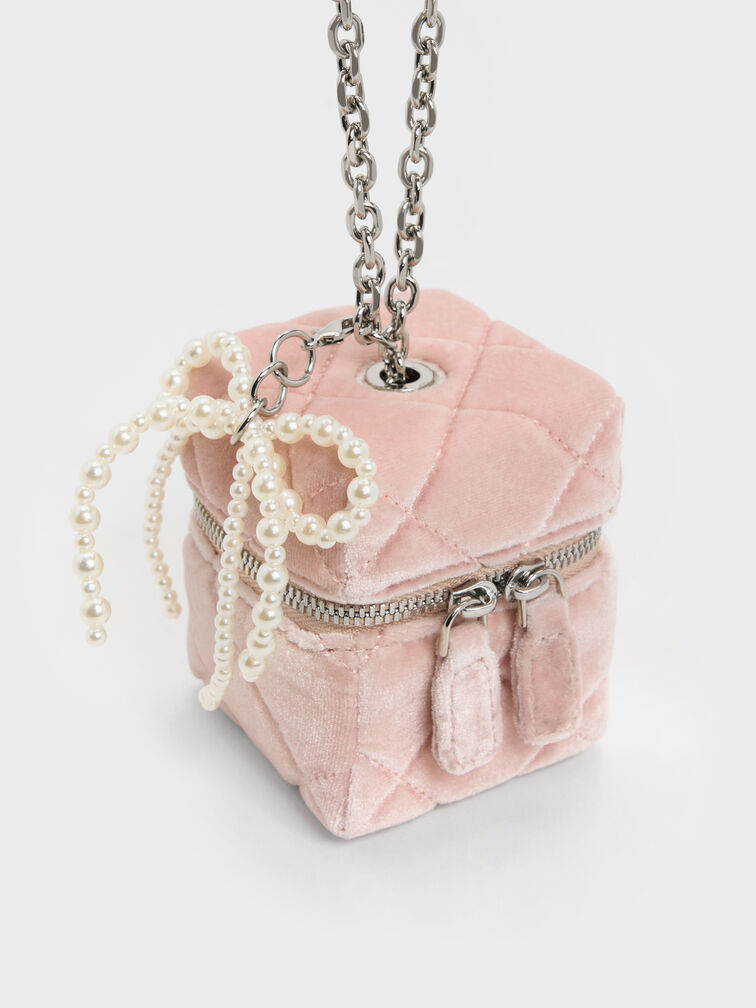 Janie Velvet Quilted Pearl-Bow Micro Bag, Pink, hi-res