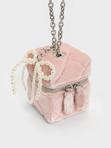 Janie Velvet Quilted Pearl-Bow Micro Bag, Pink, hi-res