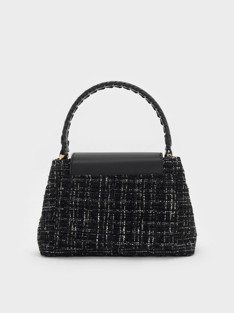 Arwen Tweed Quilted Braided-Strap Top Handle Bag, Black Tweed, hi-res