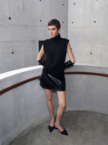 Giày cao gót mũi nhọn Woven-Buckle, Đen, hi-res