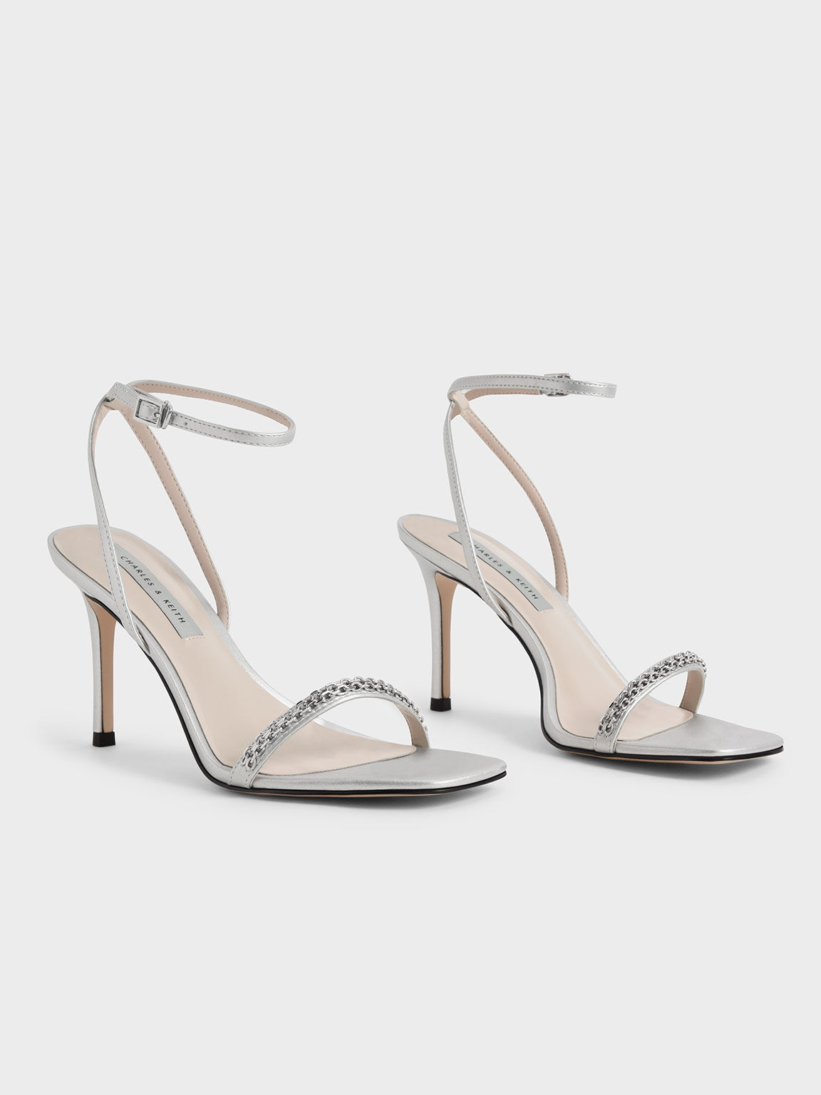 Metallic Accent Ankle-Strap Stiletto Sandals, Silver, hi-res