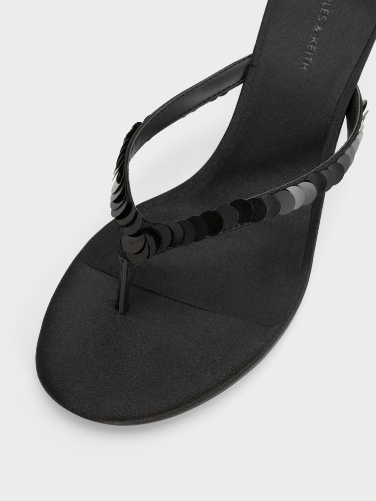 Briella Sequinned Heeled Thong Sandals, Black Textured, hi-res