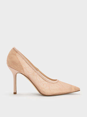Lace & Satin Stiletto Pumps, Nude, hi-res