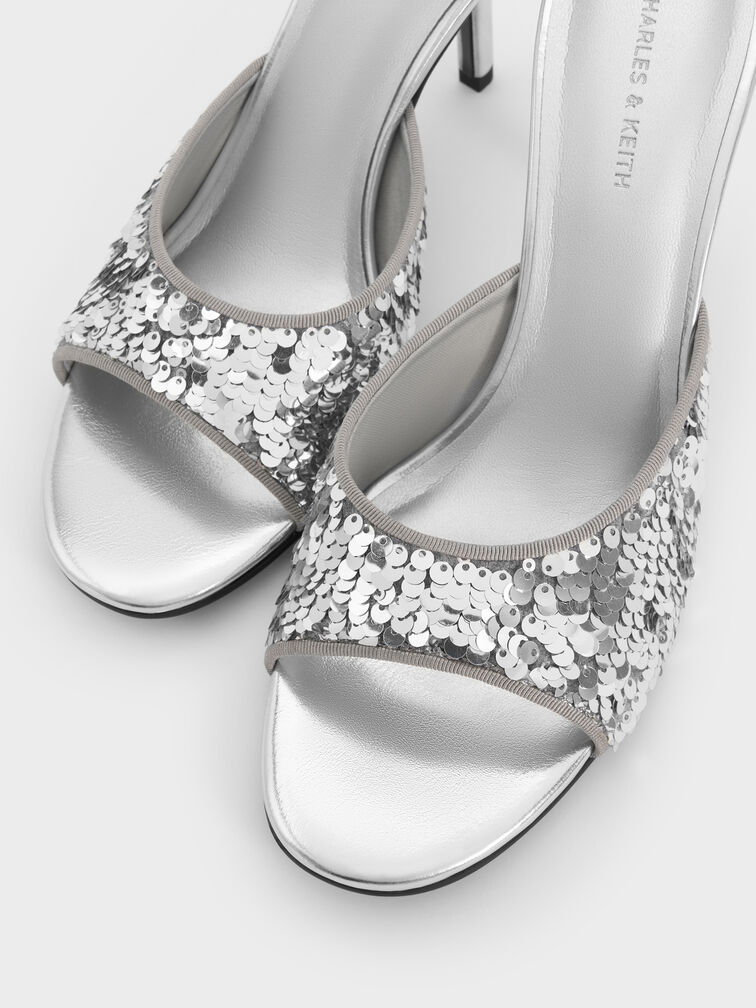 Sequinned Stiletto-Heel Mules, Silver, hi-res