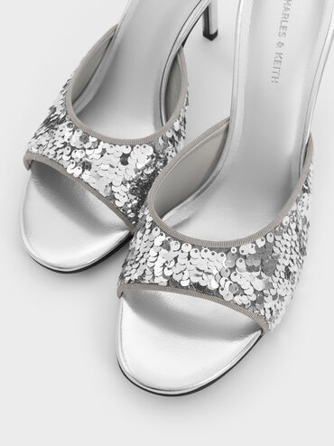 Sequinned Stiletto-Heel Mules, Silver, hi-res