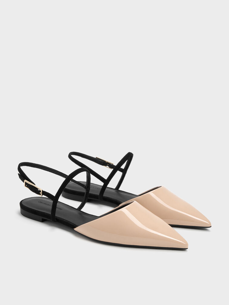 Luciana Patent Faux Suede Pointed Slingback Flats, Nude, hi-res