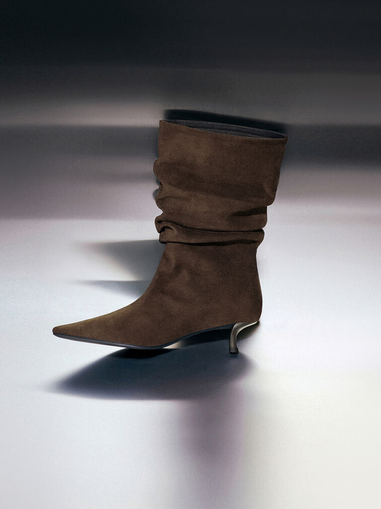 Faux Suede Ruched Kitten-Heel Calf Boots, Dark Brown Textured, hi-res