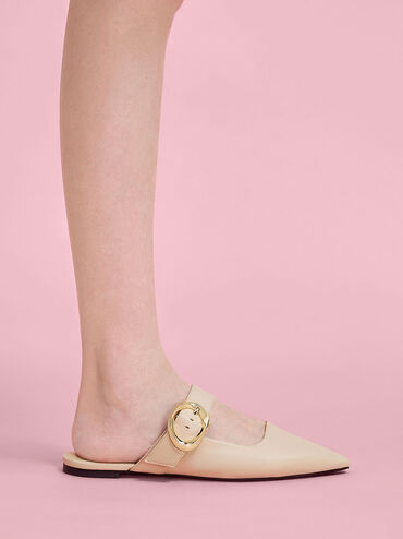 Buckle-Strap Flat Mules, Nude, hi-res