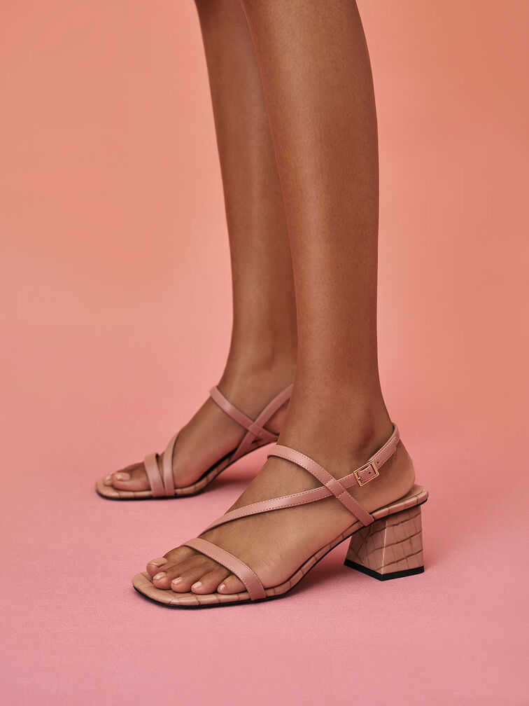 Giày sandals cao gót Croc-Effect Asymmetric Slingback, Hồng, hi-res