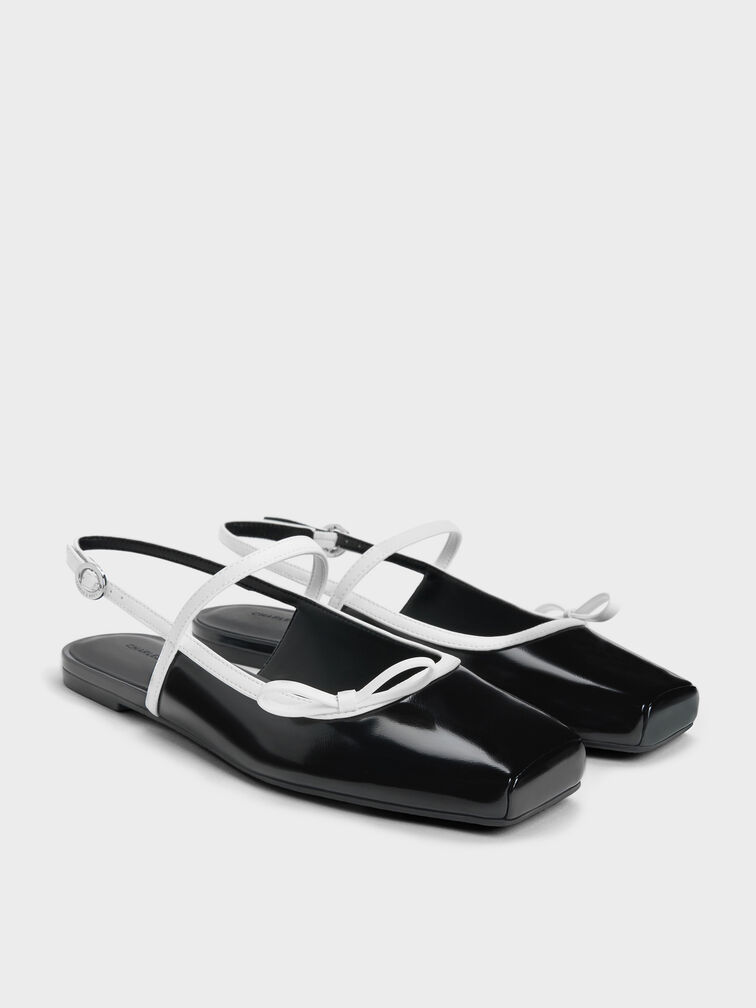 Gi&agrave;y b&uacute;p b&ecirc; đế bệt Two-Tone Bow Slingback, Đen b&oacute;ng nh&aacute;m, hi-res