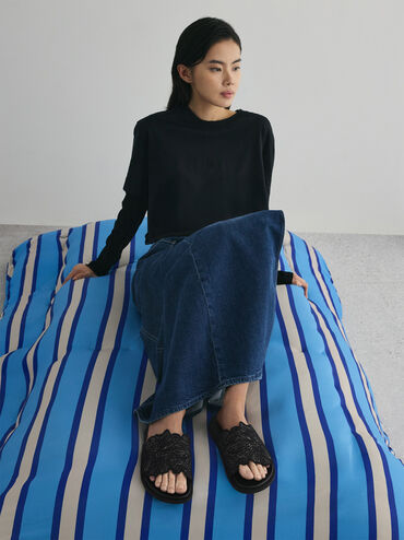 Dép quai ngang Meja Floral, Đen họa tiết, hi-res